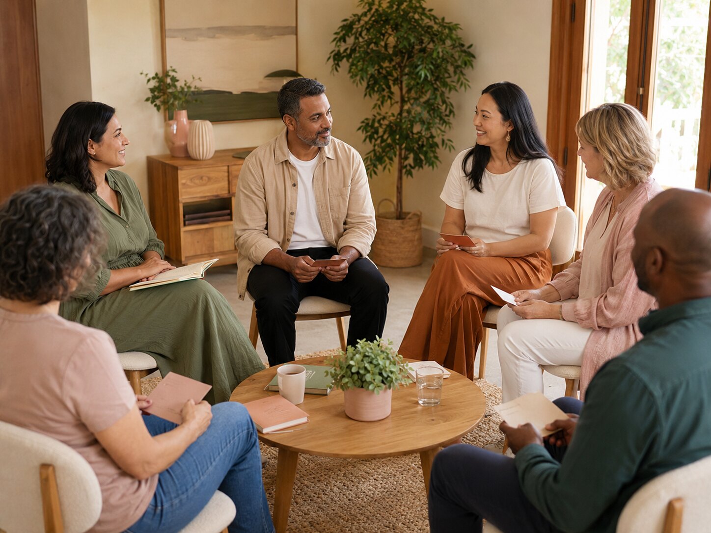 Adults participating in an equal-level facilitated reflection circle with prompt cards and journals