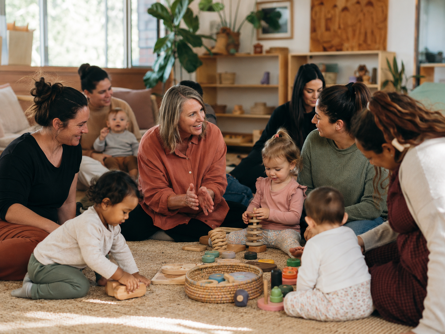 Parents, carers, children and a facilitator connecting through play in a community setting
