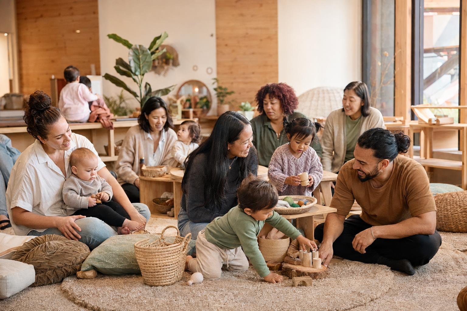 Parents and carers participating with young children in a warm community play setting