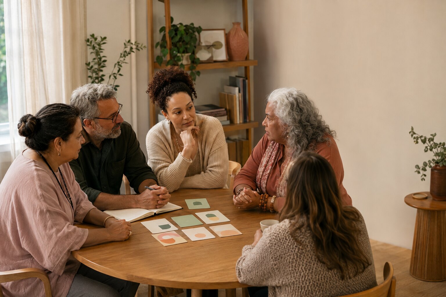 Practitioners and a participant engaged in a reflective planning conversation
